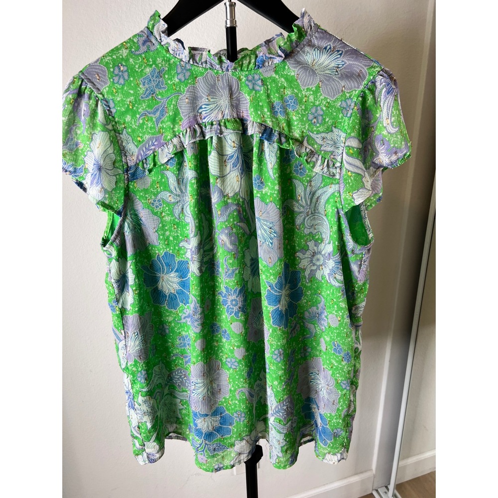 Boho Ethereal Green Floral Flutter Sleeve Ruffle Neck Metallic Blouse Large